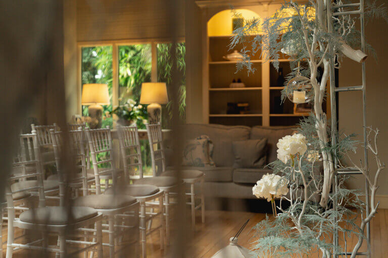 Wedding decor for winter wedding in the lounge at Careys Manor Hotel, Brockenhurst