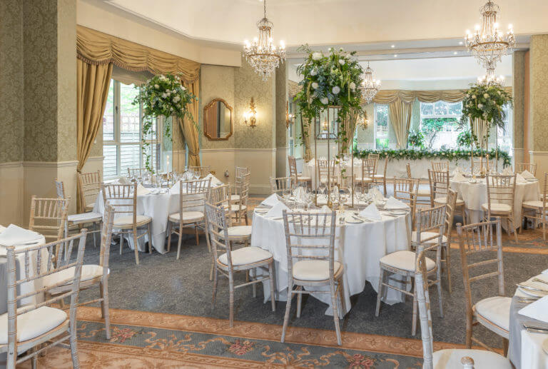 The Manor Suite at Careys Manor Hotel decorated for a wedding reception