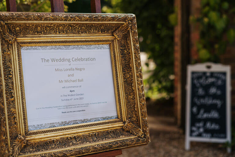 Framed details of wedding at Careys Manor Hotel, New Forest wedding venue