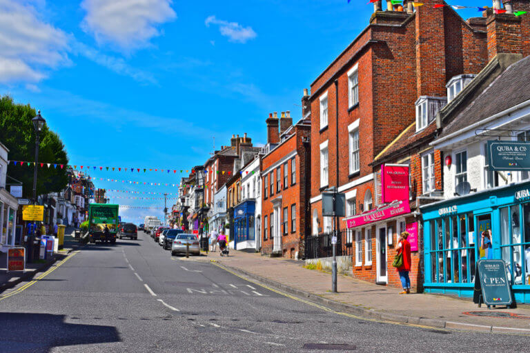 View up Lymington High Street in the sunshine