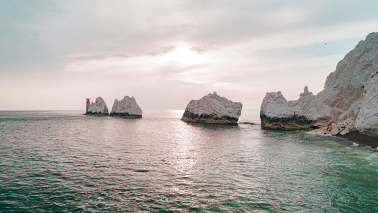 The Needles in the Isle of Wight on cloudy day at sunrise