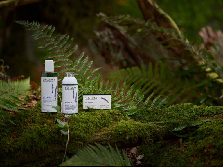 A collection of SenSpa relaxing products within a woodland setting.