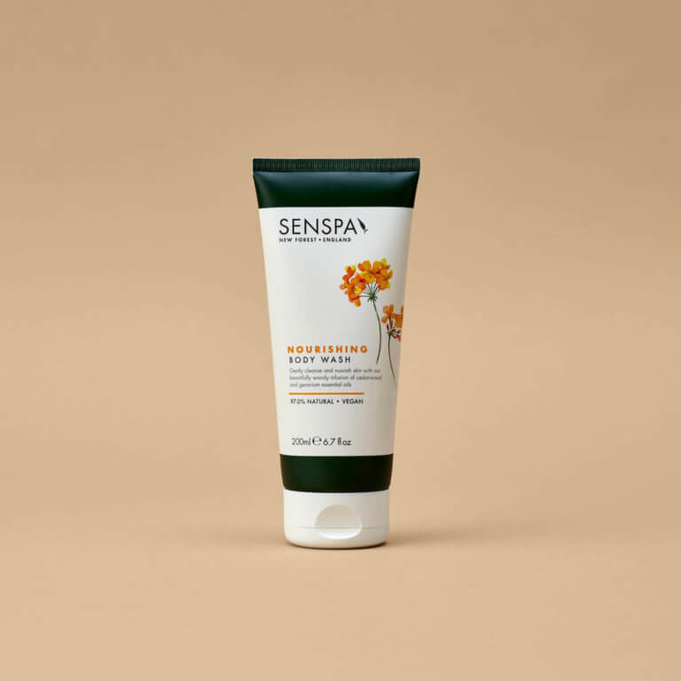 A bottle of SenSpa Nourishing Body Wash.