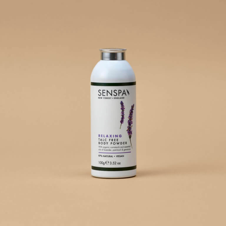 A bottle of Talc-Free body powder made by SenSpa, an award-winning Thai spa in the New Forest.
