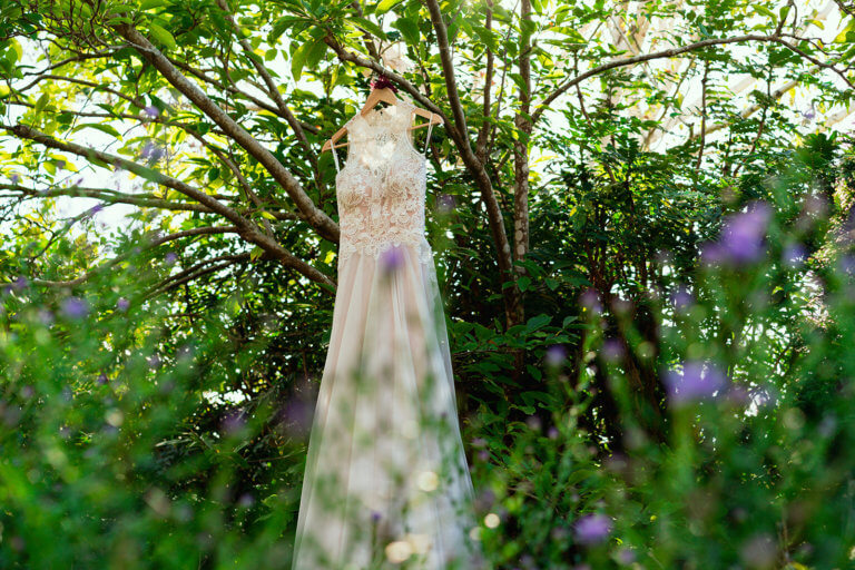 Bridal dress hanging in a garden surrounded by green leaves