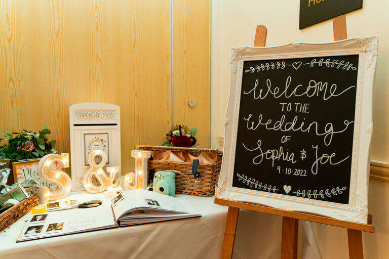 Welcome sign and guest book