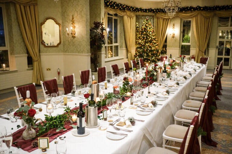 Wedding breakfast laid for guests on long tables