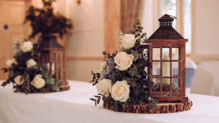 Floral display on the registrars table before the wedding ceremony