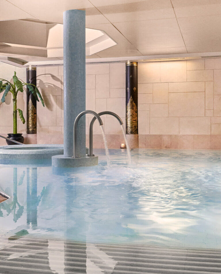 SenSpa hydrotherapy pool with steamy pool, large taps, palm tree in corner