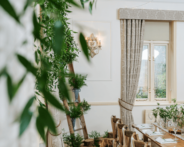 Wedding breakfast set up in New Forest hotel wedding venue room